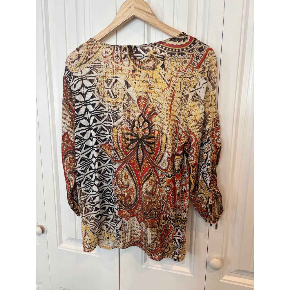 Chico’s Brown And Orange Ruched Sleeve Top Size 2 (Large)
